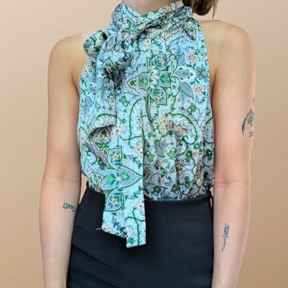 Ann Taylor 100% Silk Tie Neck Sleeveless Blouse Floral Paisley L - Picture 1 of 9